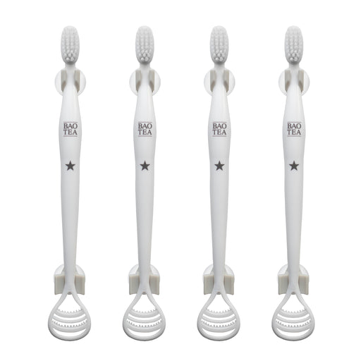 Combination Bundle of 4 All-in-one Toothbrush & Tongue Cleaner with 4 Universal Manual Toothbrush Holders