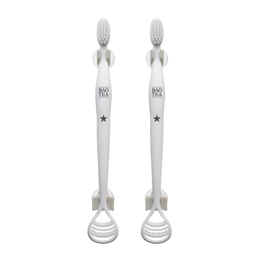 Combination Bundle of 2 All-in-one Toothbrush & Tongue Cleaner with 2 Universal Manual Toothbrush Holders